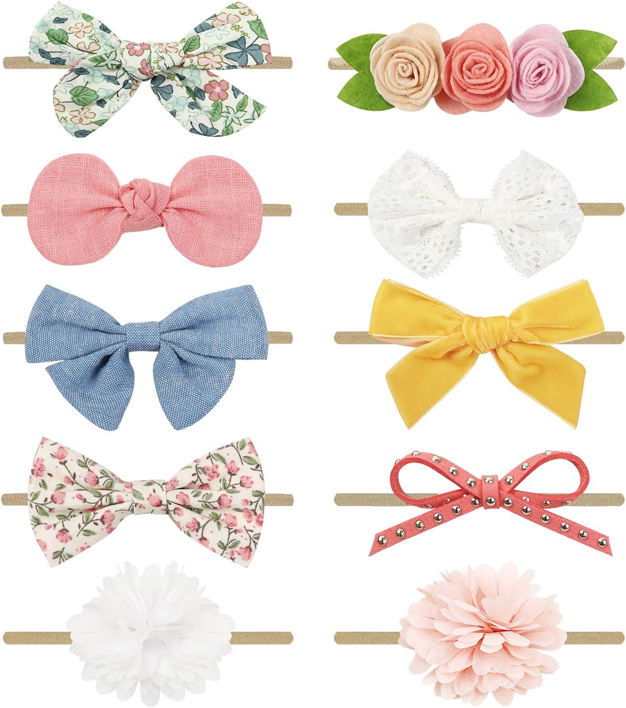DRESHOW Baby Girl Headbands and Hair Bows Nylon Headbands 10 Pack of Hair Accessories for Newborn Infant Toddlers Kids