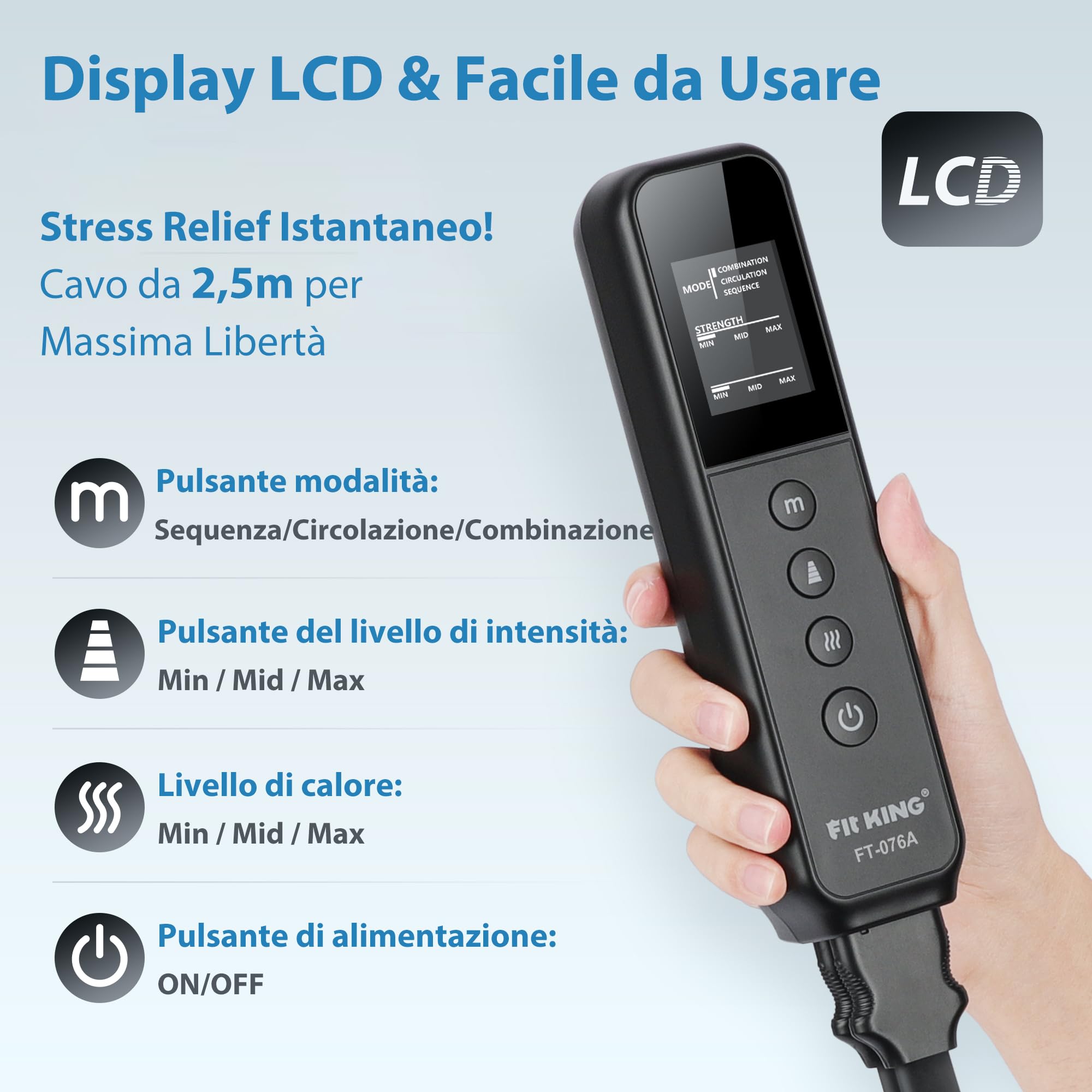 FIT KING Massaggiatore Gambe con Calore e Compressione, Pressoterapia Linfodrenaggio Massaggio Gambe Miglioramento della Circolazione e Recupero Sportivo 3 Livelli di Calore, 3 Modalità Massaggio
