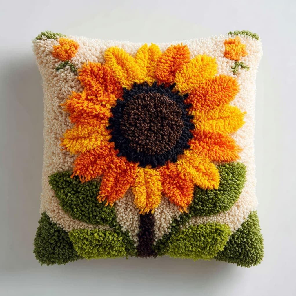 Henypt DIY Latch Hook Cushion Kit 43x43cm,Sunflower Flowers Complete Needlecraft Set with Pre-Cut Yarn & Tools,Creative Home Decor Gift for All Ages