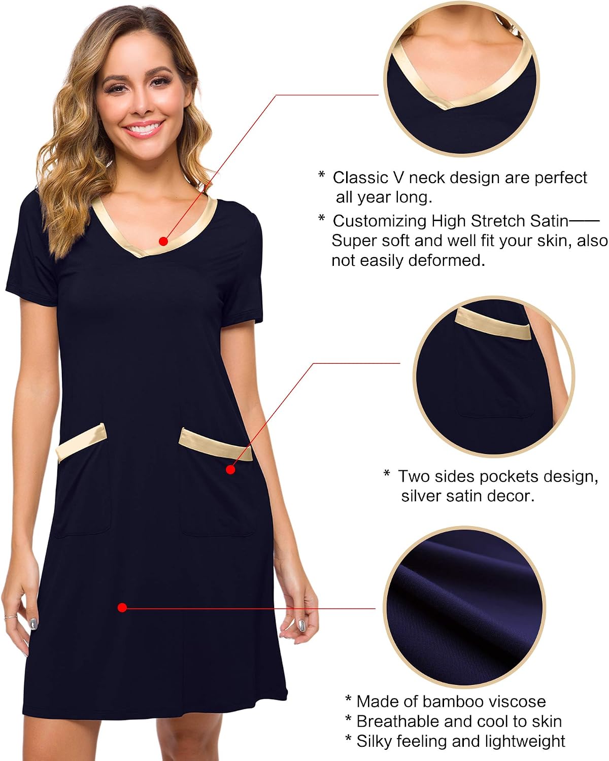 WiWi Soft Nightgown for Women Short Sleeve Sleep Shirts Plus Size Ladies Sleepwear Pajamas S-4X
