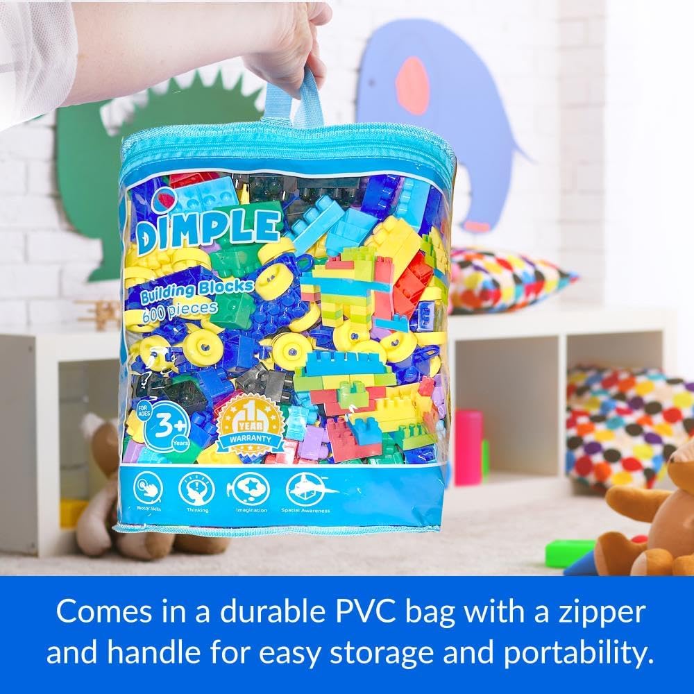 Dimple Large Building Blocks for Toddlers/Kids (600 Piece) Stackable, Multi-Colored, Interlocking Toys Safe, Non-Toxic Plastic Bright Colors, Waterproof Boys, Girls Age 3 for Kids