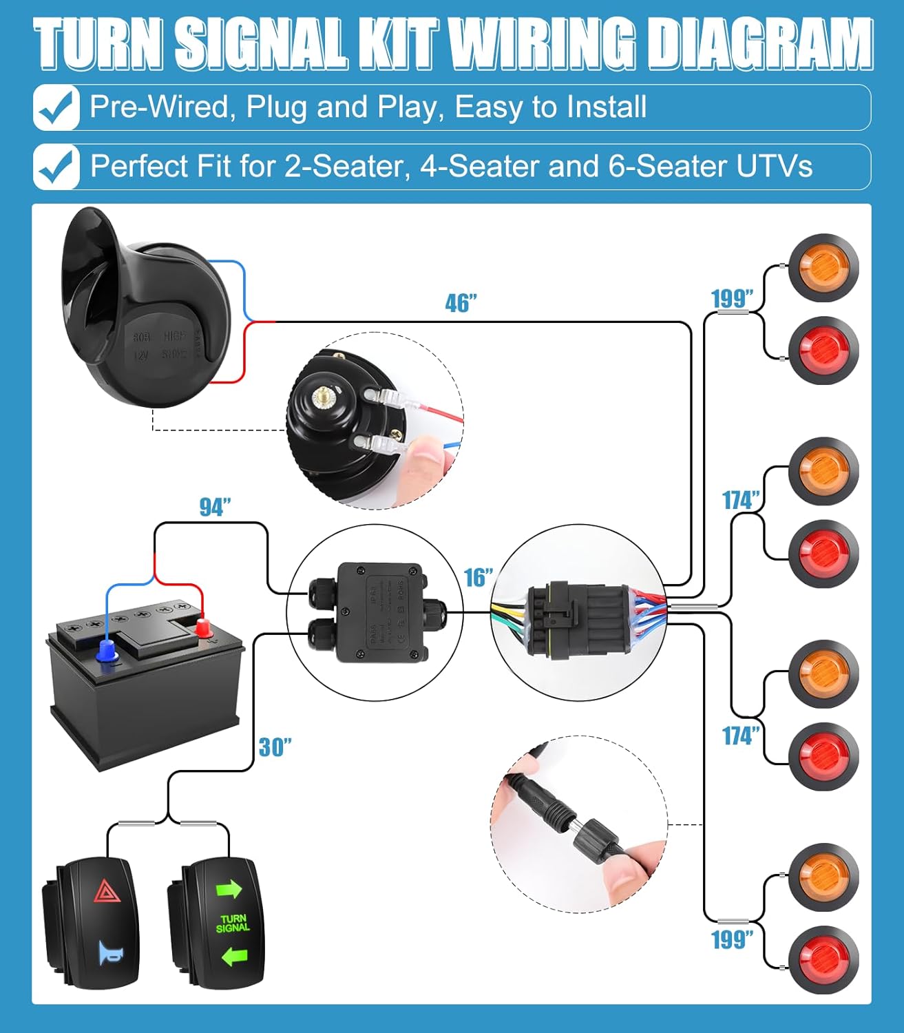SXS ATV UTV Turn Signal Assembly Kit with Horn & Rocker Switch Wiring Harness Kit, Pre-Wired, Plug and Play, Universal Blinker Street Legal Kit Fit for Polaris Can-Am Kawasaki Golf Cart CFMOTO