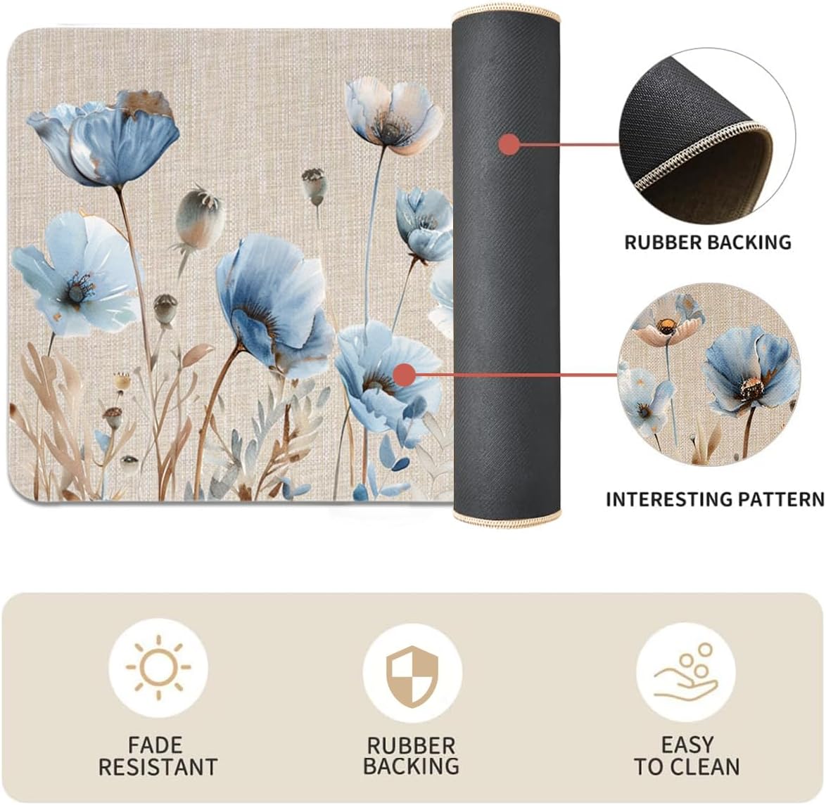 Blue Poppy Floral Kitchen Rugs Set of 2- Cotton Linen Blend Floor Mats(17.7''x29.5''+17.7''x47'') - Washable Non-Slip Kitchen Mats for Home Office Bedroom Bathroom Laundry