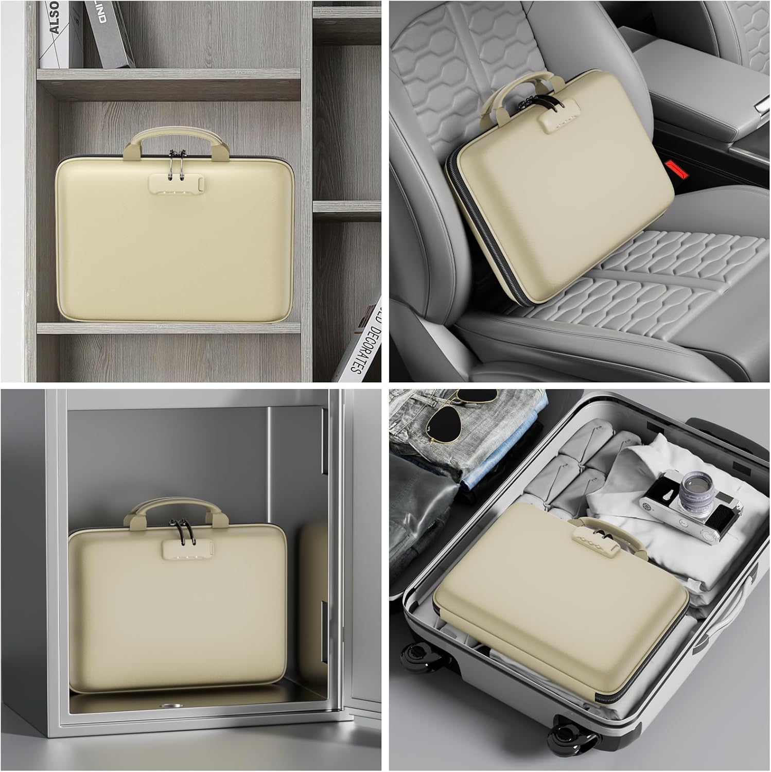 DocSafe Fireproof File Organizer with Lock, Hard-Shell Case Fireproof Document Box with 13 Pocket Accordion File Folder, Portable Home Office Travel Safe Storage for Important Documents Laptop Beige