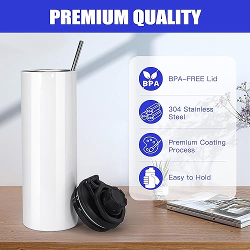 Miniatura 6 de Paquete de 30 botellas de agua para sublimación, botella deportiva de acero inoxidable de 20 onzas con asa, vaso en blanco con tapas y popotes, en