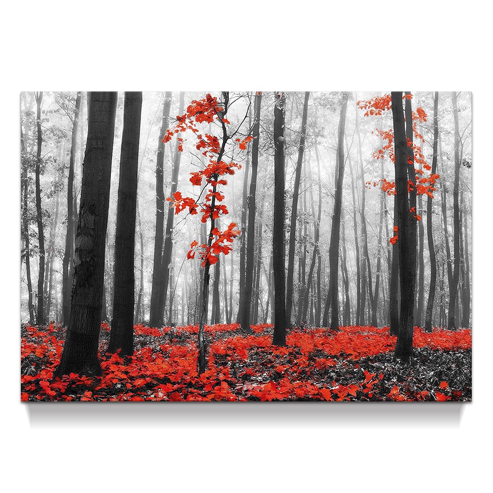 Foggy Forest Canvas Wall Art: Black and White Tree Picture Red Maple Leaves Prints Artwork Nature Autumn Painting for Bedroom