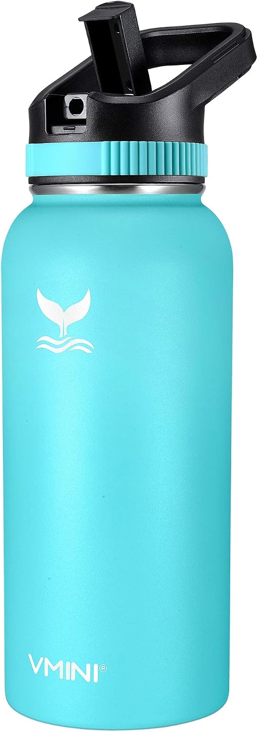 Vmini Water Bottle with Straw, Wide Sturdy Straw Lid with Dust Proof Cap, Wide Mouth Vacuum Insulated Stainless Steel Water Bottle, 32/40 oz