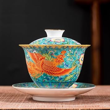 Gaiwan tea cup Chinese tea cups Kung Fu Tea set prosperity brought by the dragon and the phoenix Chinese Traditional enamel pattern Gaiwan Sancai Tea Bowl Tea Set Color Green Phoenix
