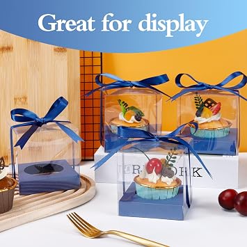 50Pcs Clear Plastic Cupcake Boxes, Cupcake Containers, 3.5In, Blue