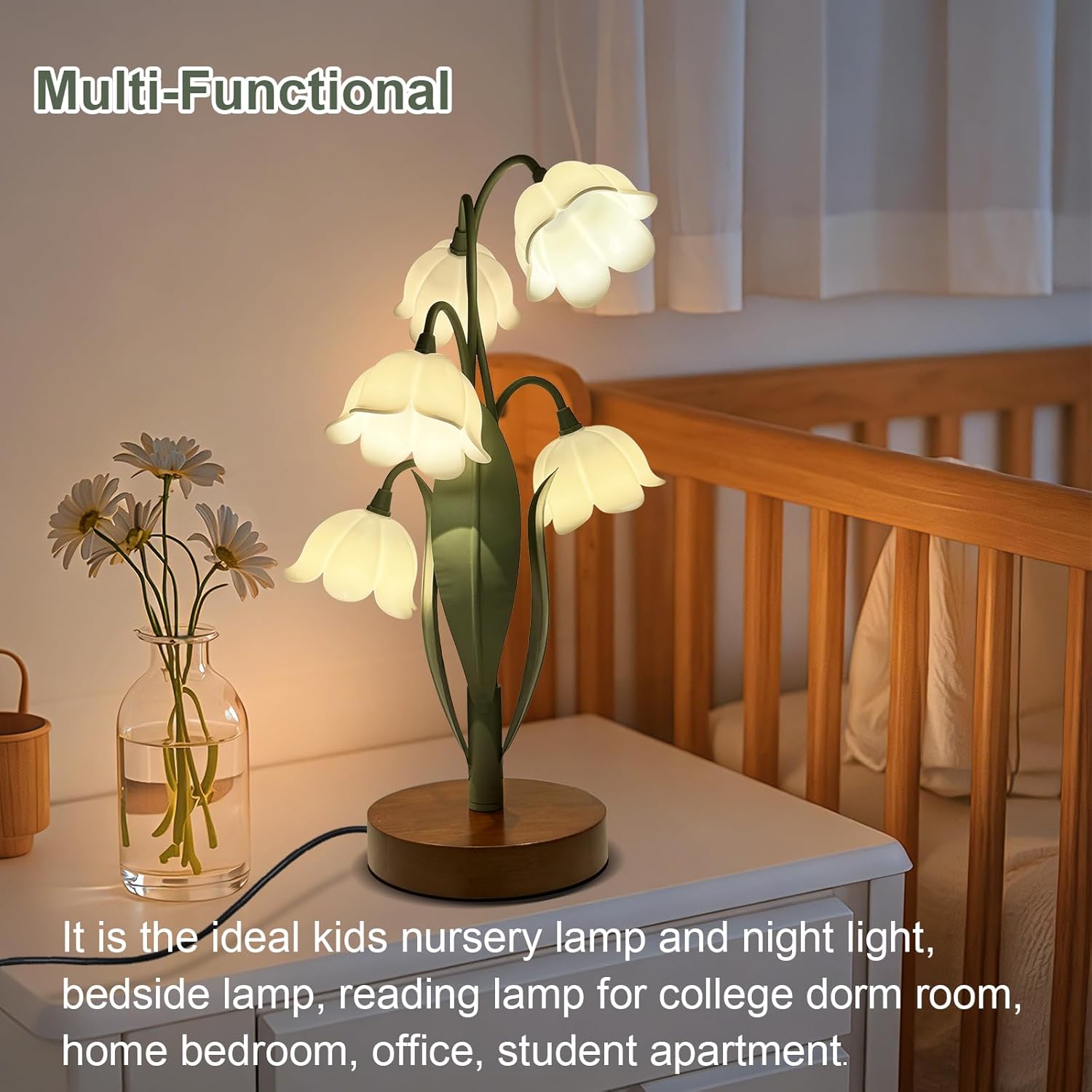 Flower Table Lamp for Bedroom, Cute Reading Light with 5 White Tulip Flower of The Valley, Desk Lamp Bedside Lamps for Nightstands Home Decor, Soft Reading Night Light for Bedroom Living Room Office