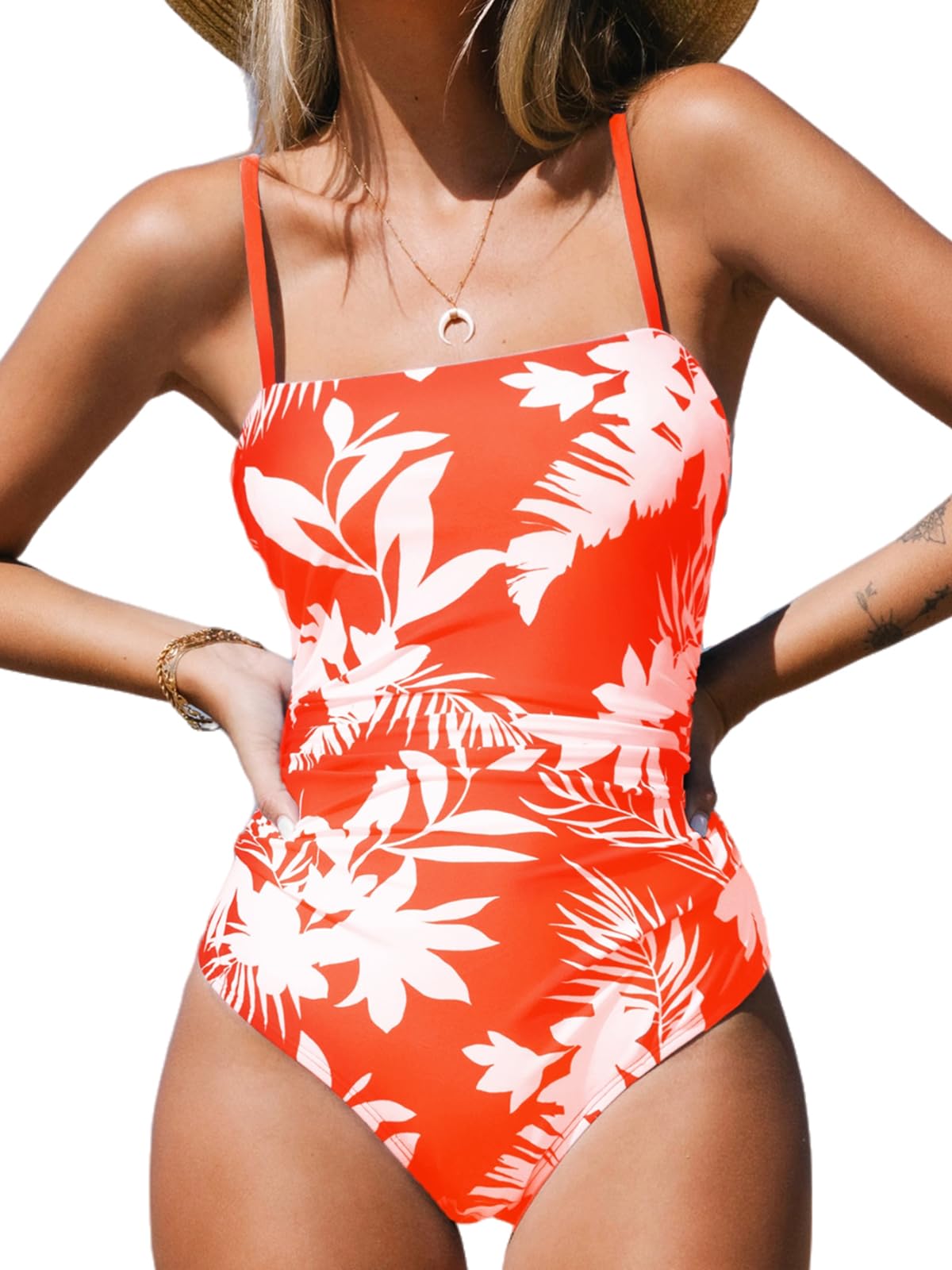 CUPSHE Women's Swimsuit, Square Neck, Tummy Control, Ruffles, Straps, Contrast Colours, One-Piece Swimwear, Swimsuit