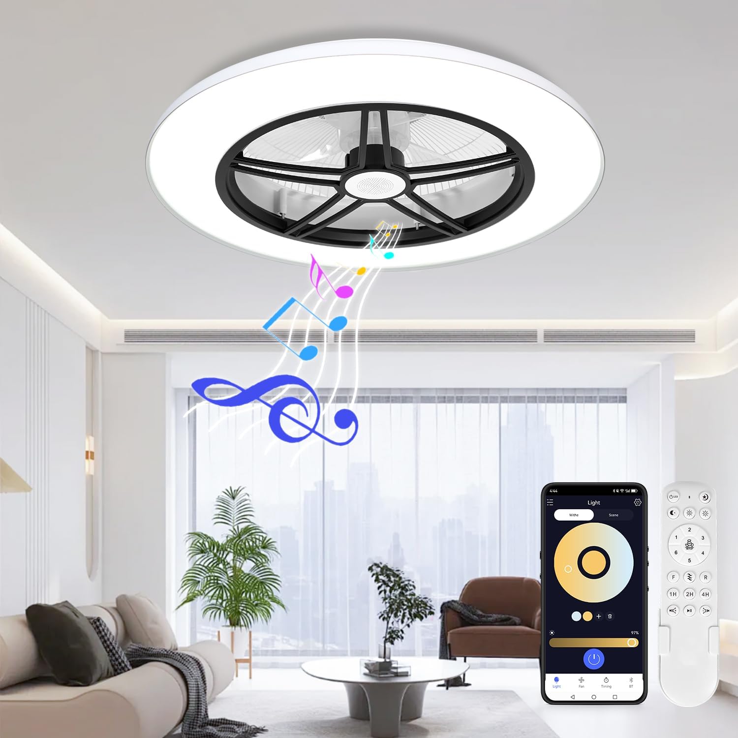 BAYSQUIRREL Bluetooth Bladeless Ceiling Fan with Speaker, Low Profile Ceiling Fan with Light and Remote/APP Control,6 Speeds Reversible 3 Color LED Dimmable Flush Mount Ceiling Fans for Bedroom