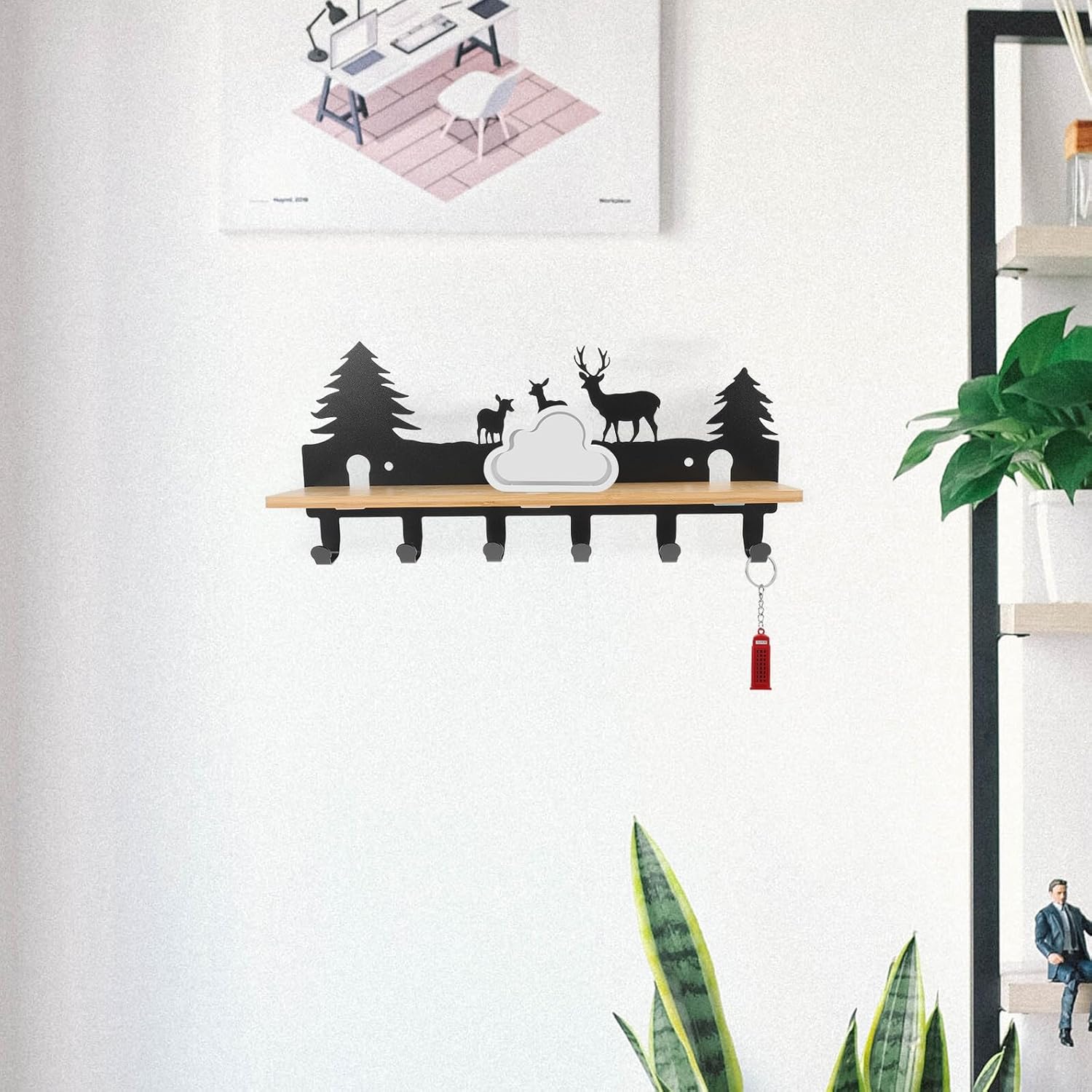 Black Iron Art Deer Silhouette Key Holder Wall Mount with 6 Hooks Small Wall Key Organizer for Entryway Storage