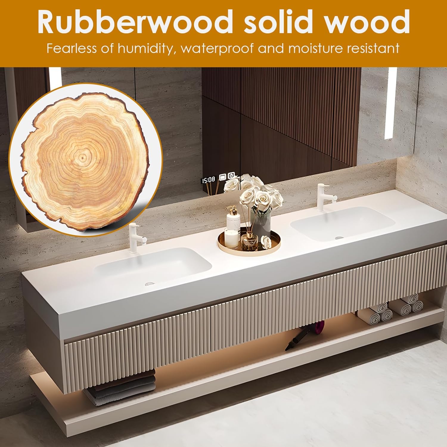 84" Bathroom Vanity Double Sink, Modern Floating Bathroom Vanities Set with Smart Defog Mirror Cabinet and LED Light, All Solid Wood Elegant Bathroom Cabinet with Large Drawer,Milky White