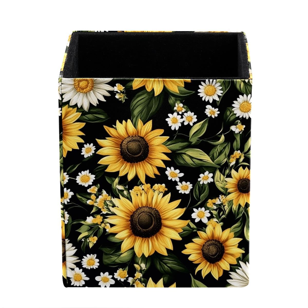 HEOEH Sunflower Daisy Pen Holder Pen Pot, Square Pencil Cup for Desk