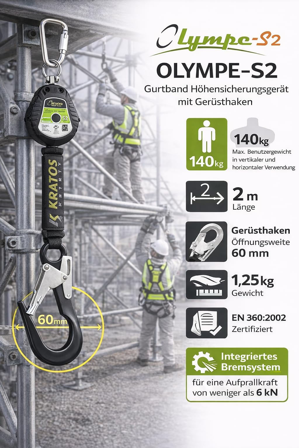 Kratos Safety Olympe-S Gurtband, Höhensicherungsgerät mit Gerüsthaken, Bandfalldämpfer und integriertem Bremssystem, Fallfaktor 2, Länge 2 m, EN360, PSA