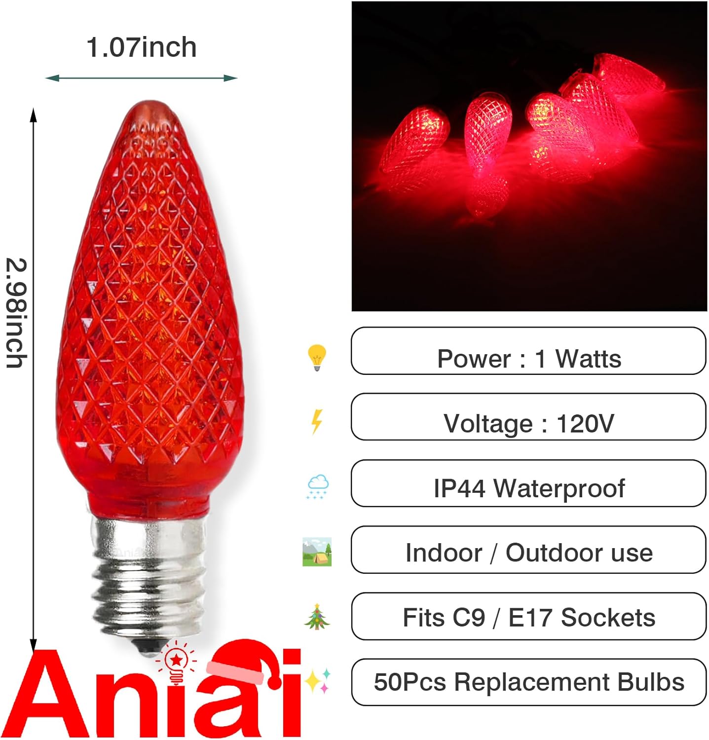 50PCS C9 Led Christmas Light Bulbs - C9 Led Bulbs with E17 Base Sockets Replacement Bulbs for Outdoor String Lights - Commercial Grade Red