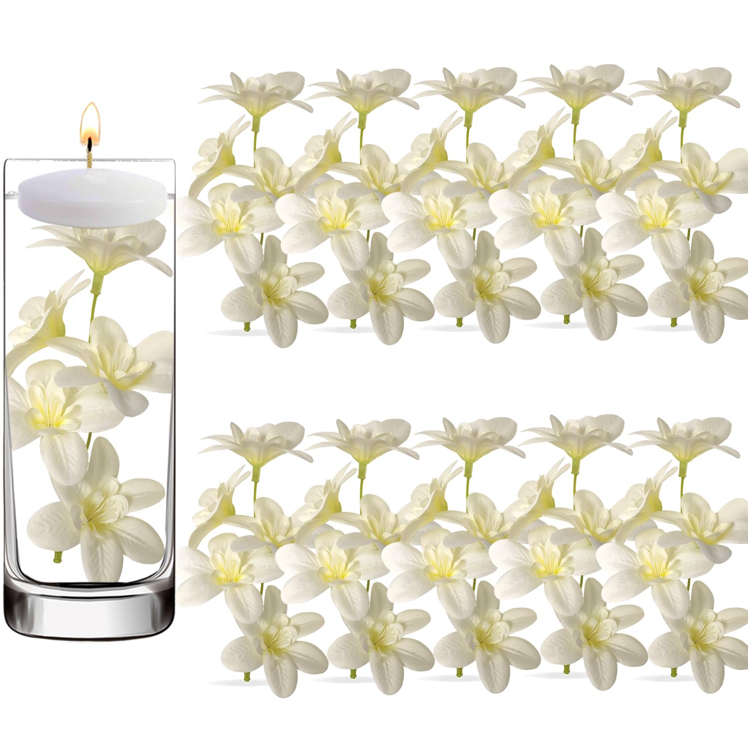 Photo 1 of 10 Pcs Artificial Flowers for Floating Candles Centerpiece Orchid Faux Flower Vase Fillers for Birthday Wedding Dinning Table Party Home Bar Restaurant Decor (Milky White)