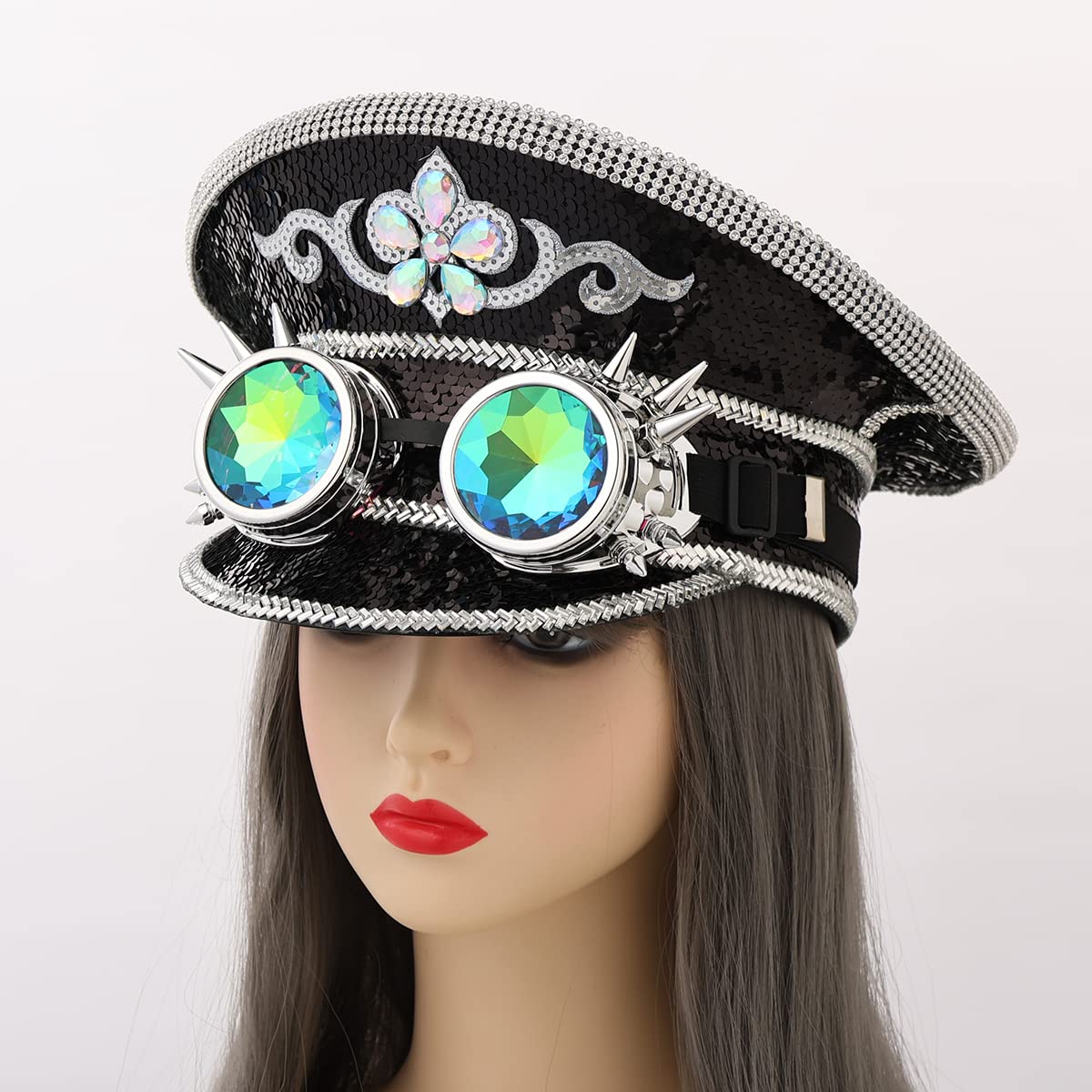 Unisex Sequin Military Captain Hats with Goggles Steampunk Burning Man Top Hat Festival Halloween Cosplay Costume Caps (Black) - Image 3