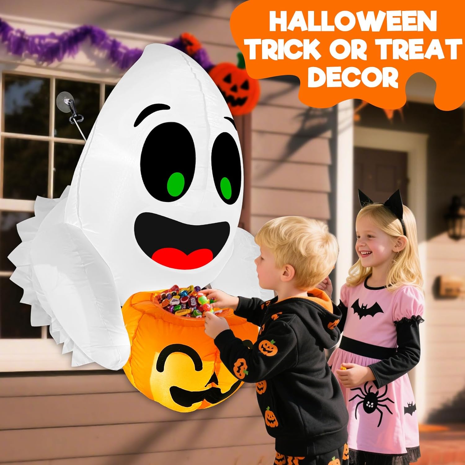3.5 Ft Halloween Inflatables Ghost Outdoor Decorations Blow Up Cute Ghost with Candy Bucket Broke Out from Window with Built-in LEDs for Halloween Trick or Treat Party Lawn Door Holiday Indoor Decor