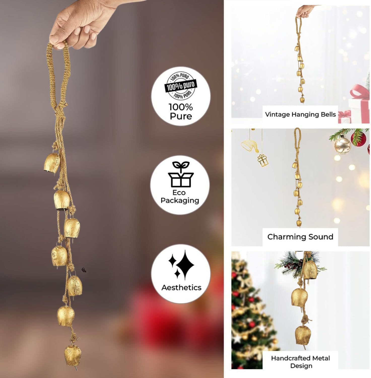Bellshub Rustic Vintage 7-Bell Cluster Handmade 2" Metal Harmony Bells – 18" Hanging Length | Farmhouse Wall Décor, Wind Chime, Lucky Charm Bells for Home, Porch, Garden & Christmas Decorations - Image 6