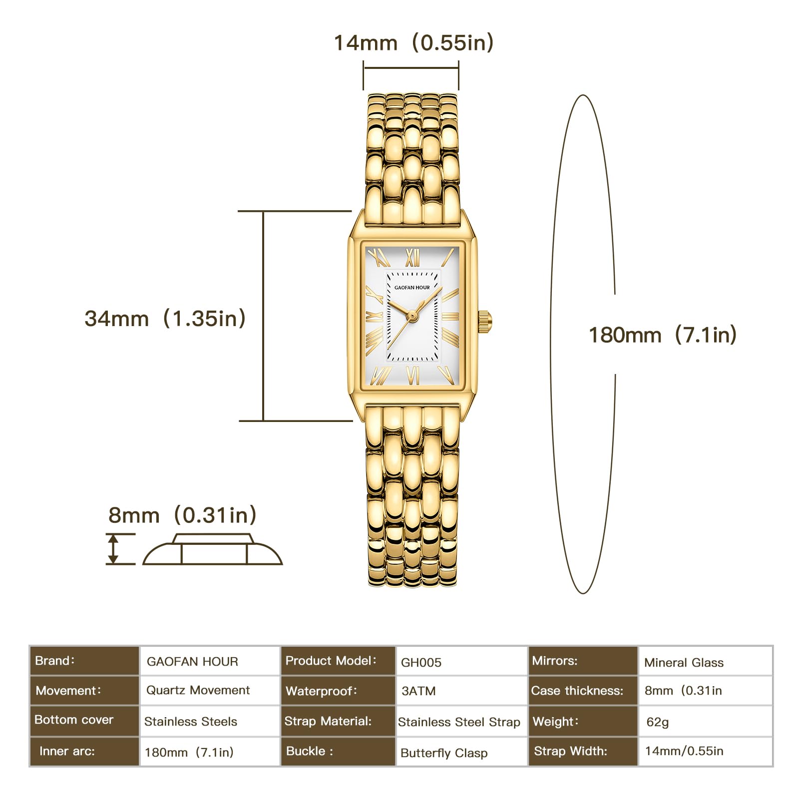 Gold Watches for Women with Vintage Rectangular Case,White Roman Dial,Stainless Steel Band,Adjustment Tool Included,Water Resistant