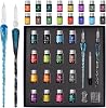 Glass Dip Pen Set - 21 Pieces of Calligraphy Pens Set. Includes 2 Glass Pens, 16 Bottle Inks, Pen Holder, Cleaning Cup and Introduction Booklet