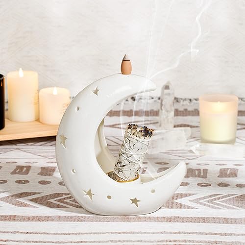 Miniatura 9 de ZenBless Luna Versátil Portacebo Cerámico con Reflujo en Forma de Cascada y Quemador, para Quemar Salvia, Palo Santo, Cono de Reflujo y Vela,