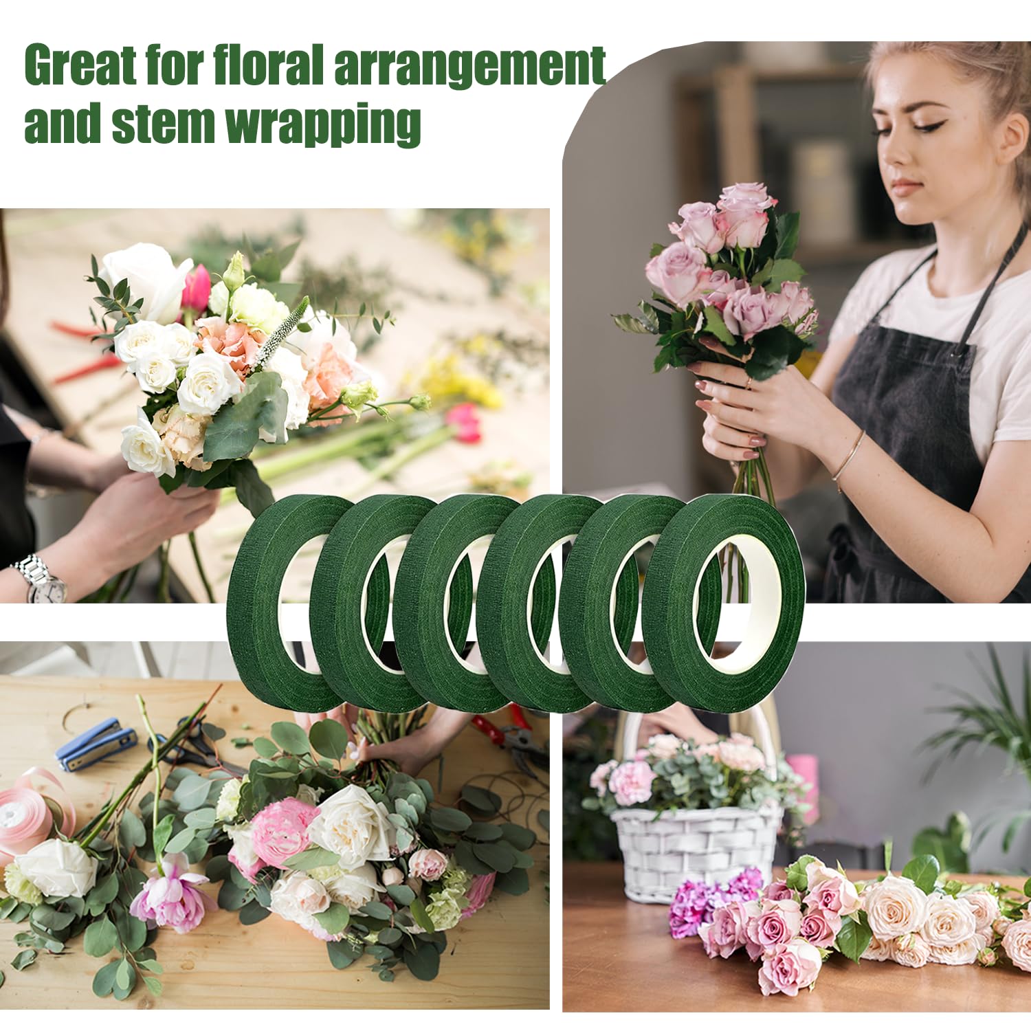 12 Rolls Floral Tape, 1/2" Wide Flower Tape Stretchable Self-Adhesive, Tearable, Non-Fading Green Floral Tape for Bouquets, Wedding Arrangements, and Crafts (30 Yards/Rolls)