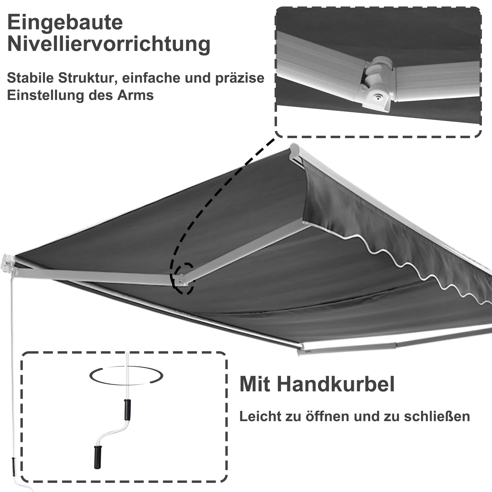 MAYTIIMO Manuelle Gelenkarmmarkise 250 x 200 cm Markise mit Kurbel Sonnenmarkise Winkel Verstellbar Sonnenschutz Balkonmarkise