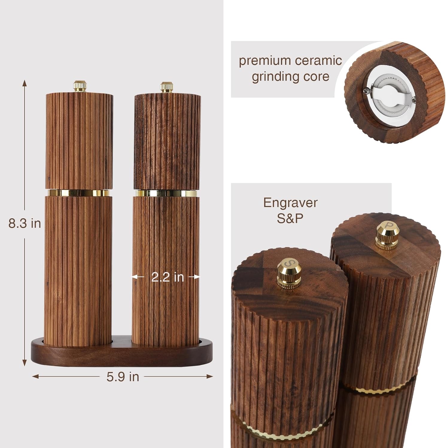 Wooden Salt and Pepper Grinder Set, Refillable Salt and Pepper grinder with adjustable Coarseness, Acacia Wood pepper mill manual, Salt and Pepper Shakers Matching Wooden tray-Ideal for Gifting