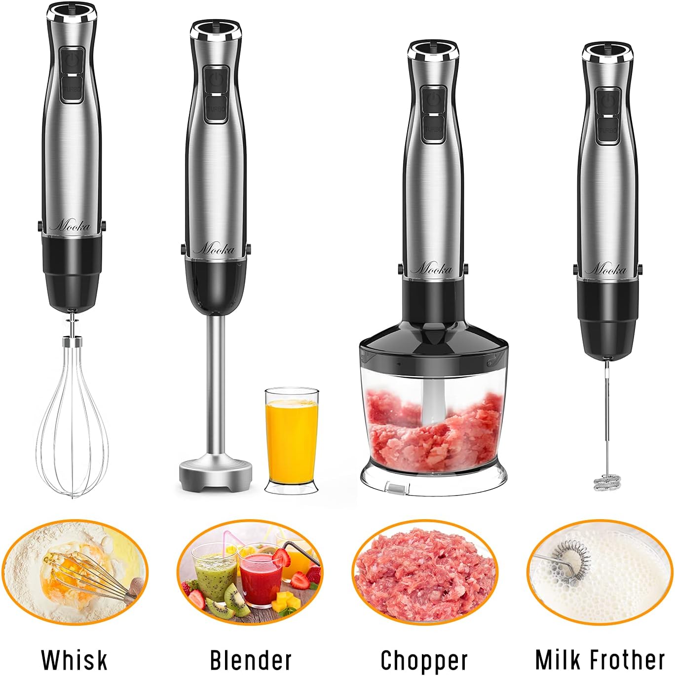 Immersion Blender Handheld, 1100W 5-in-1 Multi-Purpose Hand Blender, 12-Speed Stick Blender, 600ml Beaker, 500ml Chopper, Egg Whisk, Milk Frother, Black: Home & Kitchen