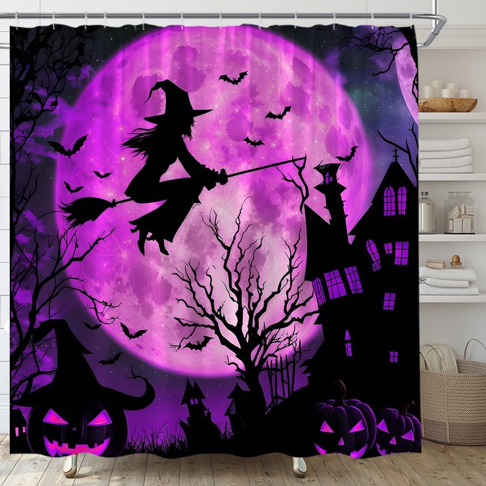 Spooky Halloween Shower Curtain Horror Witch Pumpkin Scary Castle Dead Tree Full Moon Bat Gothic Halloween Fabric Bathroom Decor Set with Hooks,(84" Wx70 H)