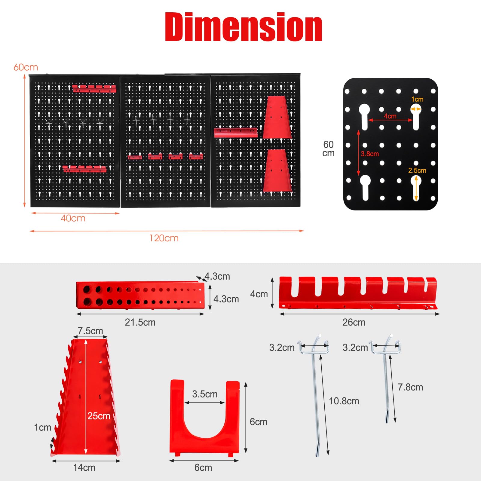 SOARS Pannello Porta Attrezzi da Parete 120 X 60 CM, 3 Pannelli Perforati in Metallo con kit di 20 Ganci, Stabile e Resistente, per Garage, Officina (Nero+Rosso C, 120 X 60 X 2 CM)