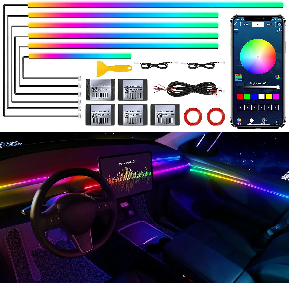 Dreamcolor Tira de luces LED acrílicas para interior de coche con aplicación inalámbrica, RGB 6 en 1 con 175 pulgadas 593 LED tiras de luces de fibra óptica para coche, sincronización dinámica de música, kits de iluminación ambiental de neón para coche