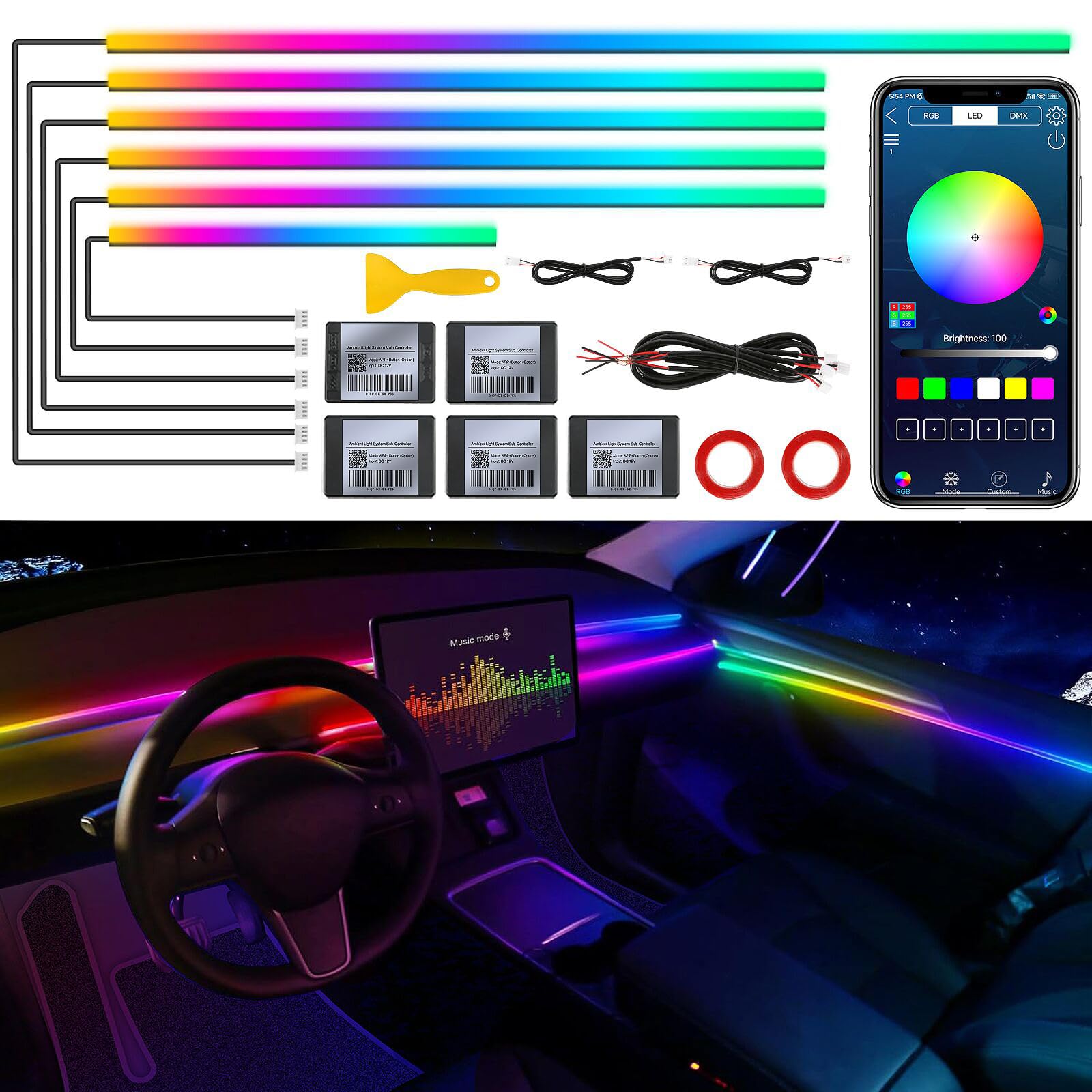 Dreamcolor Acrylic Interior Car LED Strip Light with Wireless APP, RGB 6 in 1 with 175 inches 593 LEDs Fiber Optic Strip Lights for Car, Dynamic Chasing Music Sync Neon Car Ambient Lighting Kits