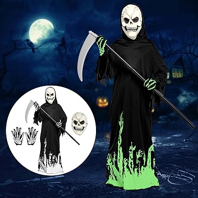 Twister.CK Halloween Grim Reaper Costume for Kids Boys Girls,Glow in the Dark Deluxe Phantom Costume with Scythe Skull Mask and Gloves
