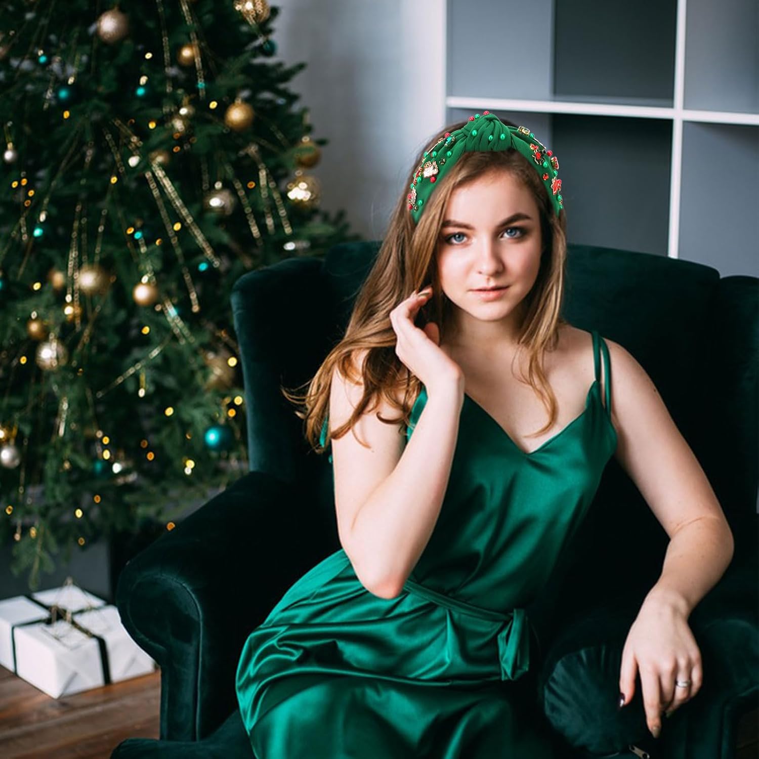 Christmas Headbands Ladies' Red and Green Rhinestones Decoration Headband Christmas Fashion Elegant Party Wide Hairband (Green) - Image 5