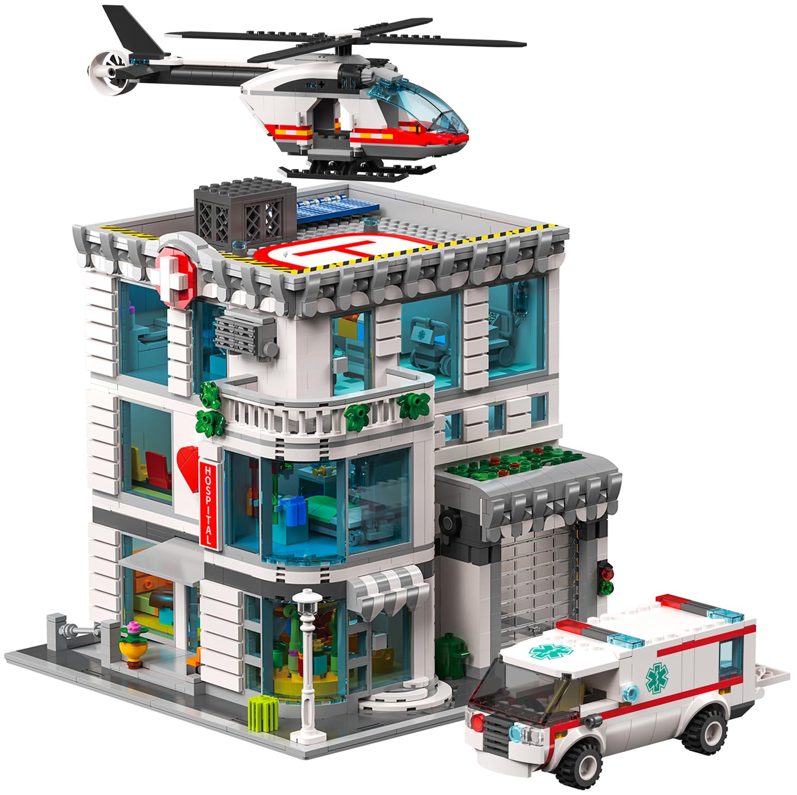 Klemmbausteine Krankenhaus mit Helicopter & Krankenwagen - 4953 Teile Hospital City Haus Architecture, Stadt Gebäude Modular Buildings Set für Erwachsene - Sammlerstück Geschenk