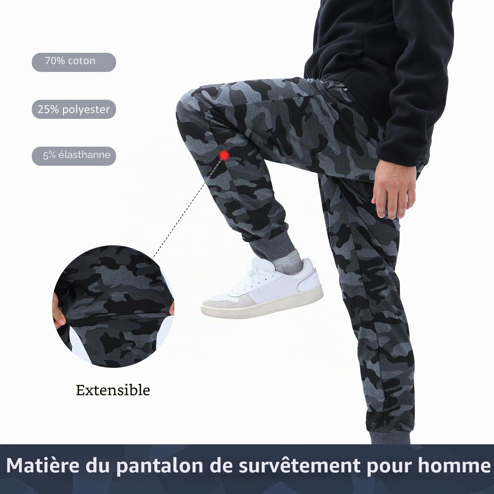 Bas de Survêtement pour Hommes, Joggings Camouflage avec Poche Zippée, Pantalons de Sport Respirants avec Taille élastique pour Course, Entraînement