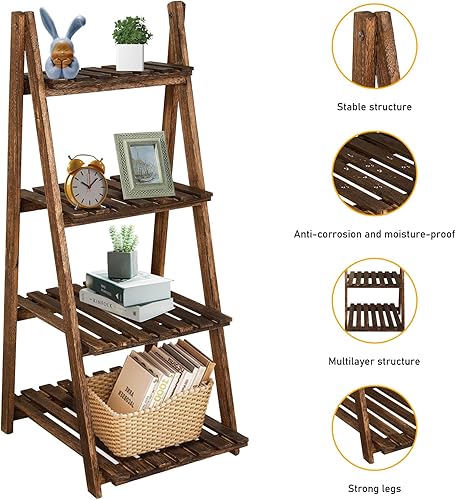 Miniatura 4 de Babion Estante de escalera, estante de escalera de 4 niveles, estante de madera para plantas, estantería de escalera, estante de almacenamiento para