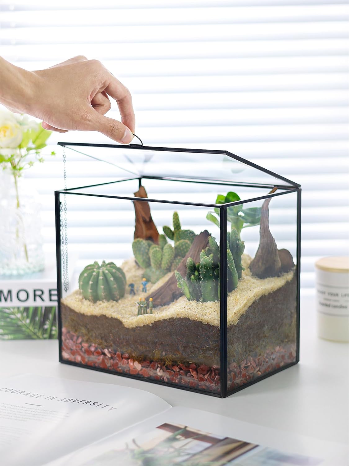 REDHUGO Glass Planters Terrarium with Lid, Handmade Geometric Plants Terrarium Containers for Indoor Plants, Tabletop Terrarium Planter Box for Moss, Succulent, Rectangle, Black (Terrarium ONLY)