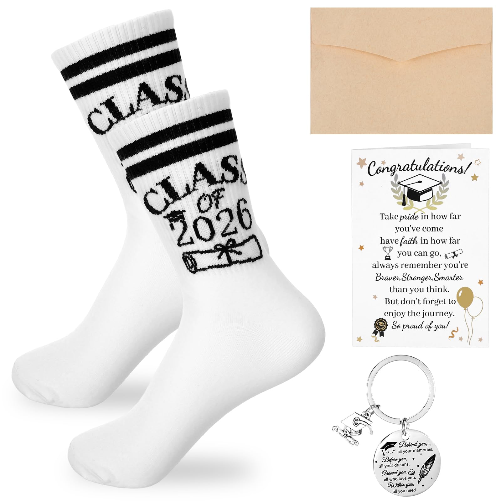 Odderzzii Unisex White 4 Pcs Graduation Gifts, Congratulations Gifts Include Graduation Cards Class Of 2026 Socks And Funny Keyring, School Leavers Gift For Leavers 2026 Students, Friends