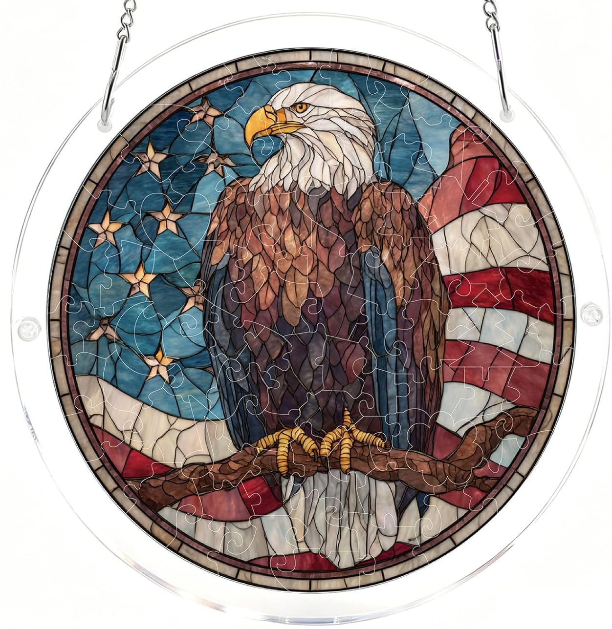 Bald Eagle with US Flag Acrylic Jigsaw Puzzles Suncatcher, 8.2 Inch Window Hanging Suncatcher Acrylic Puzzle, DIY Home Decor Art Gift