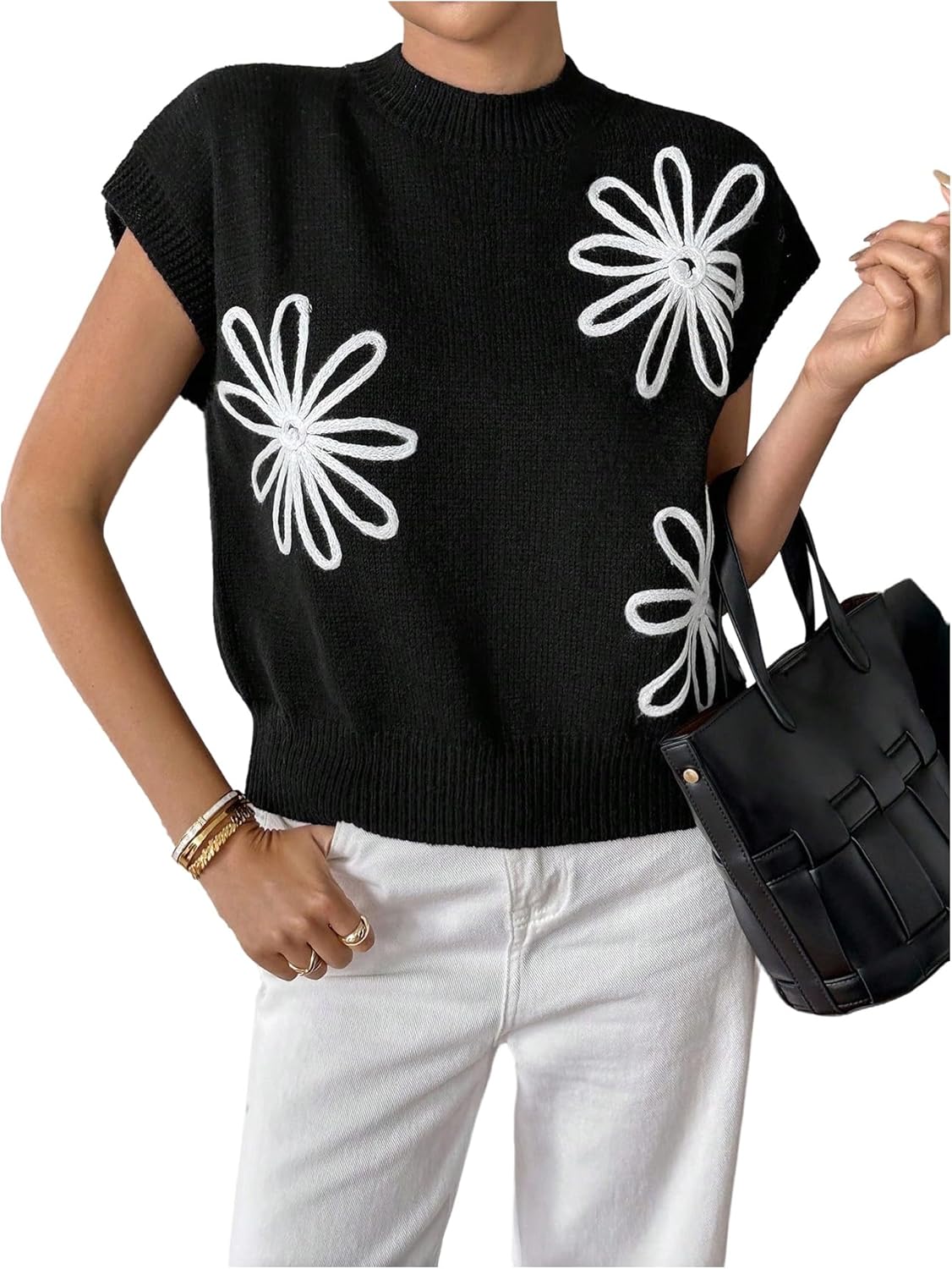 Verdusa Women's Old Money Floral Summer Sweaters Vest Cap Sleeves Crew Neck Knit Tops Black and White X-Small