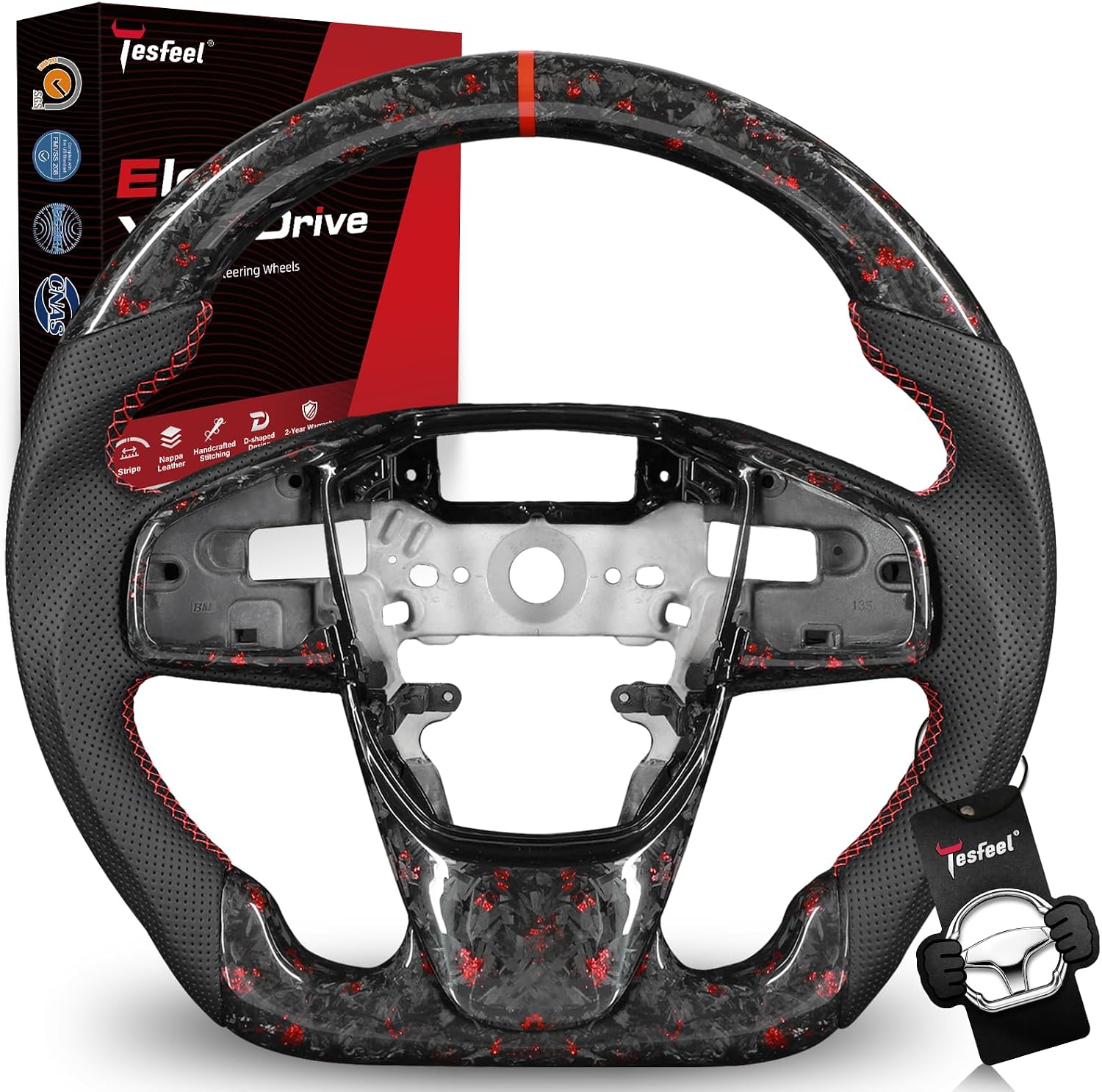 Real Carbon Fiber D-Shaped Steering Wheel,With Trim Replacement for Honda Civic 10th Gen 2016-2021 & Type R FK8, Hand-Stitched Perforated Leather,Non-Heated