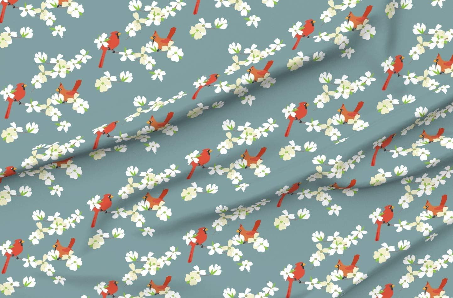 Spoonflower Fabric - Spring Dogwood Floral Birds Blooms Cardinal Bird Sky Printed on Organic Cotton Sateen Fabric by The Yard - Sewing Quilting Apparel Home Decor
