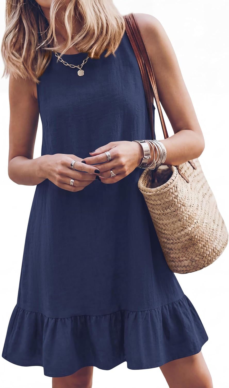 KIRUNDO Women's Casual Summer Dresses 2026 Spring Sleeveless Shift Tank Mini Dress Flowy Ruffle Hem Beach Vacation Sundress