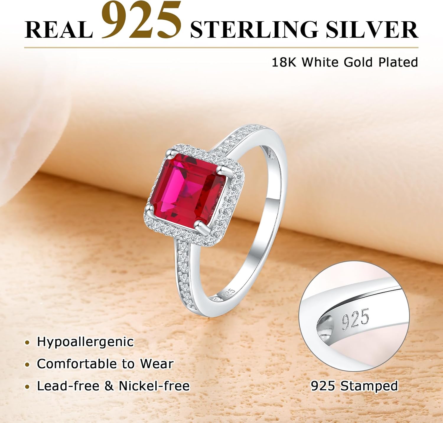 Vintage Style Engagement Ring White Gold Plated Sterling Silver White Sapphire Inlaid Big Cocktail Rings Emerald/Ruby/Aquamarine/Sapphire Ring Gift for Bride Wife Lover, Send Gift Box - Image 5