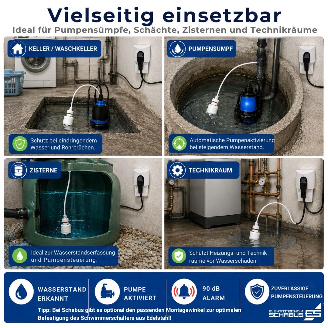 Schabus Wassermelder SHT 227 zur Pumpensteuerung, Steckdosengerät (230V) mit Schwimmerschalter, Akustischer und Optischer Alarm + Angeschlossenes Gerät wird bei Füllstandsänderung aktiviert